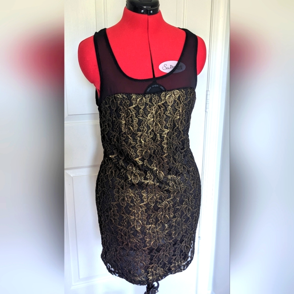LUSH mini dress, black lace with gold details